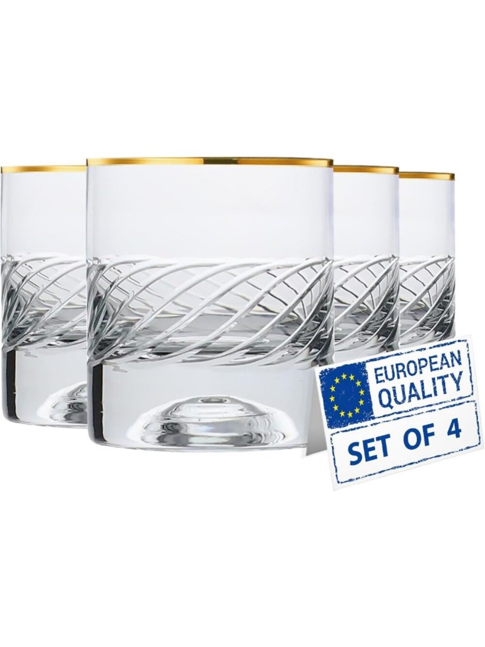 Handmade Gold Rimmed Whiskey Glasses Set of 4 | Etched Design Lowball Tumblers
